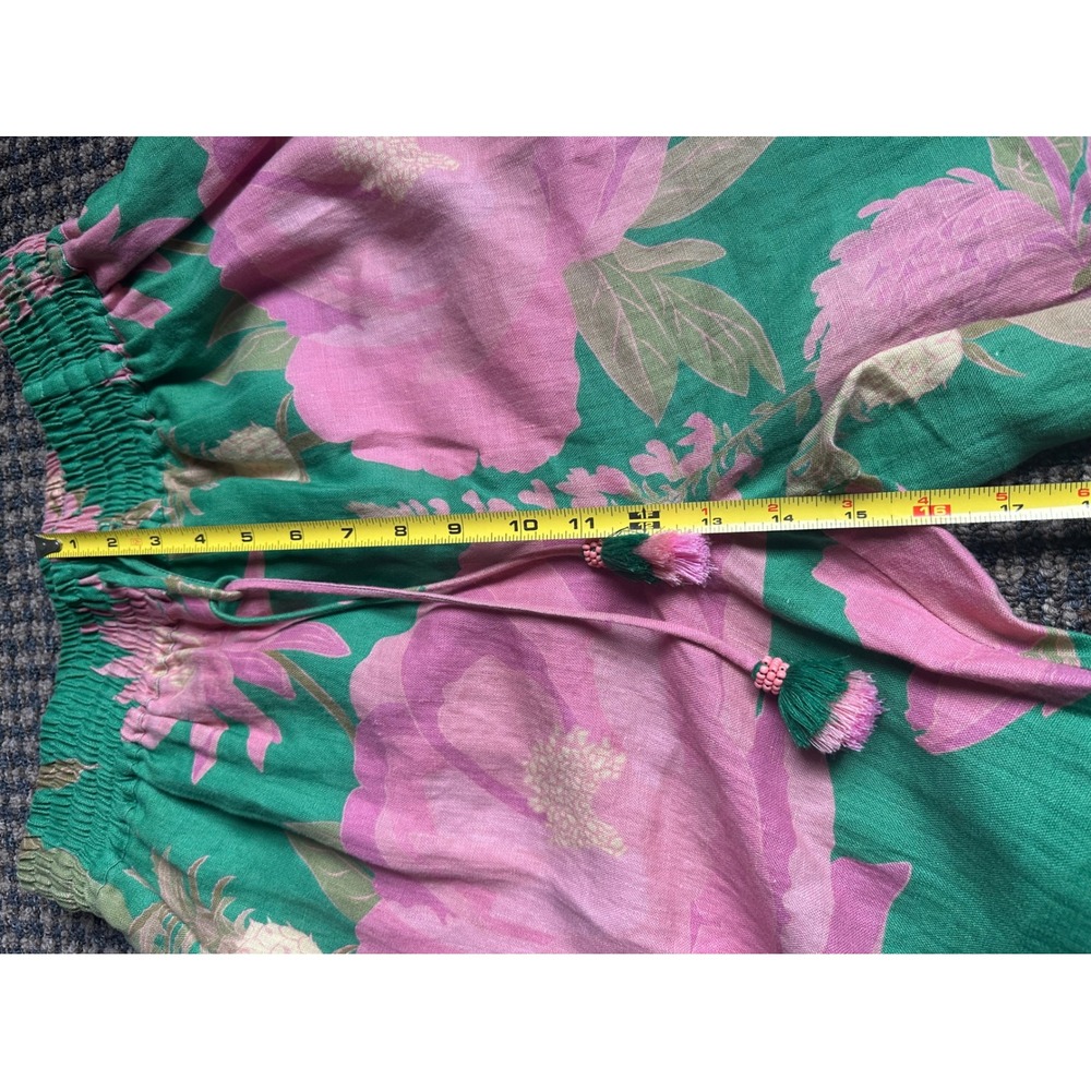Farm Rio Green Wild Peonies Linen Pants Floral Pineapple Tassel Size L and top - Picture 9 of 16